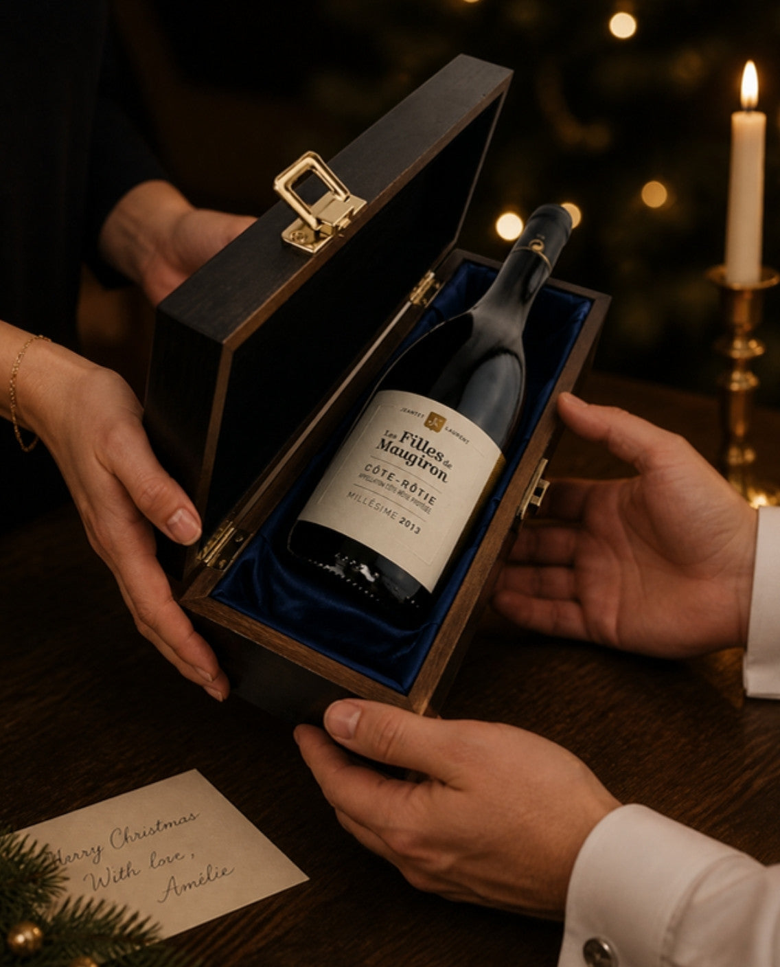 Hands passing Les Filles Maugiron 2013 Côte-Rôtie in its elm wood gift box with blue silk lining across a candlelit table at Christmas