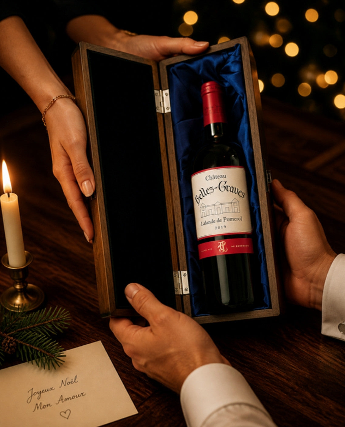 Hands passing the Château Belles-Graves 2019 Lalande-de-Pomerol in its elm wood gift box with blue silk lining across a candlelit table at Christmas