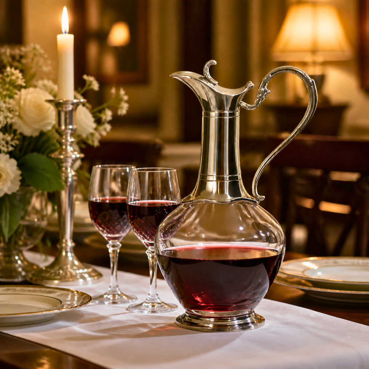 Glass claret jug decanter with polished pewter hinged lid, thumb hook and pewter base