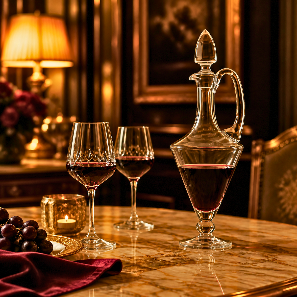 Lyre glass claret jug decanter filled with red wine beside crystal wine glasses on a candlelit marble dining table