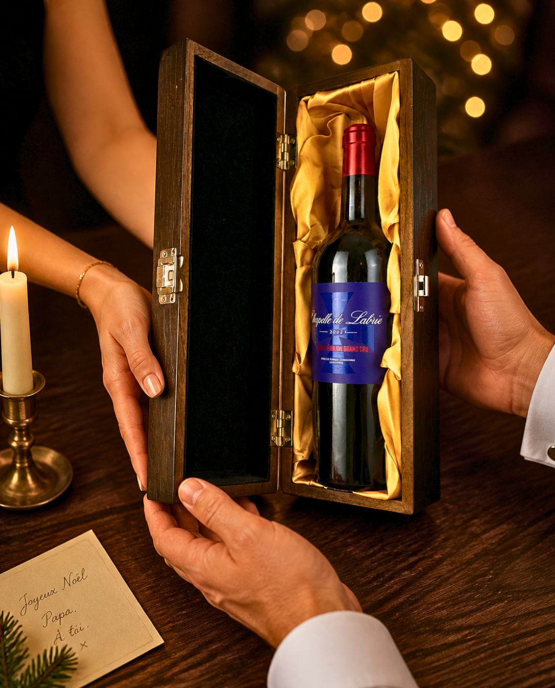 Hands passing the Chapelle de Labrie 2021 Saint-Émilion Grand Cru in its elm wood gift box with gold lining across a candlelit table at Christmas