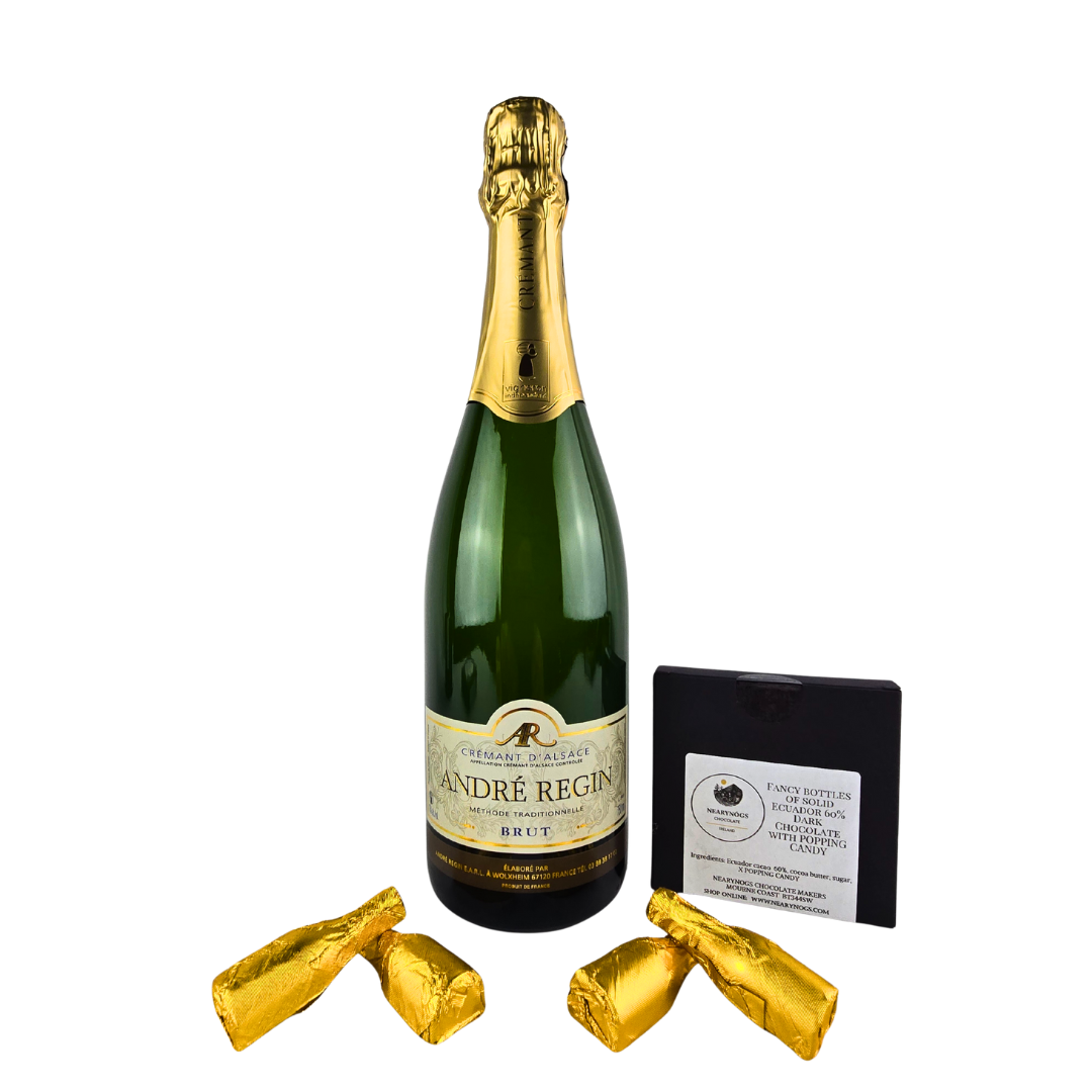 Crémant de Alsace Rosé Sparkling with Fancy bottles of solid Ecuador 6% Dark Chocolate with poping candy