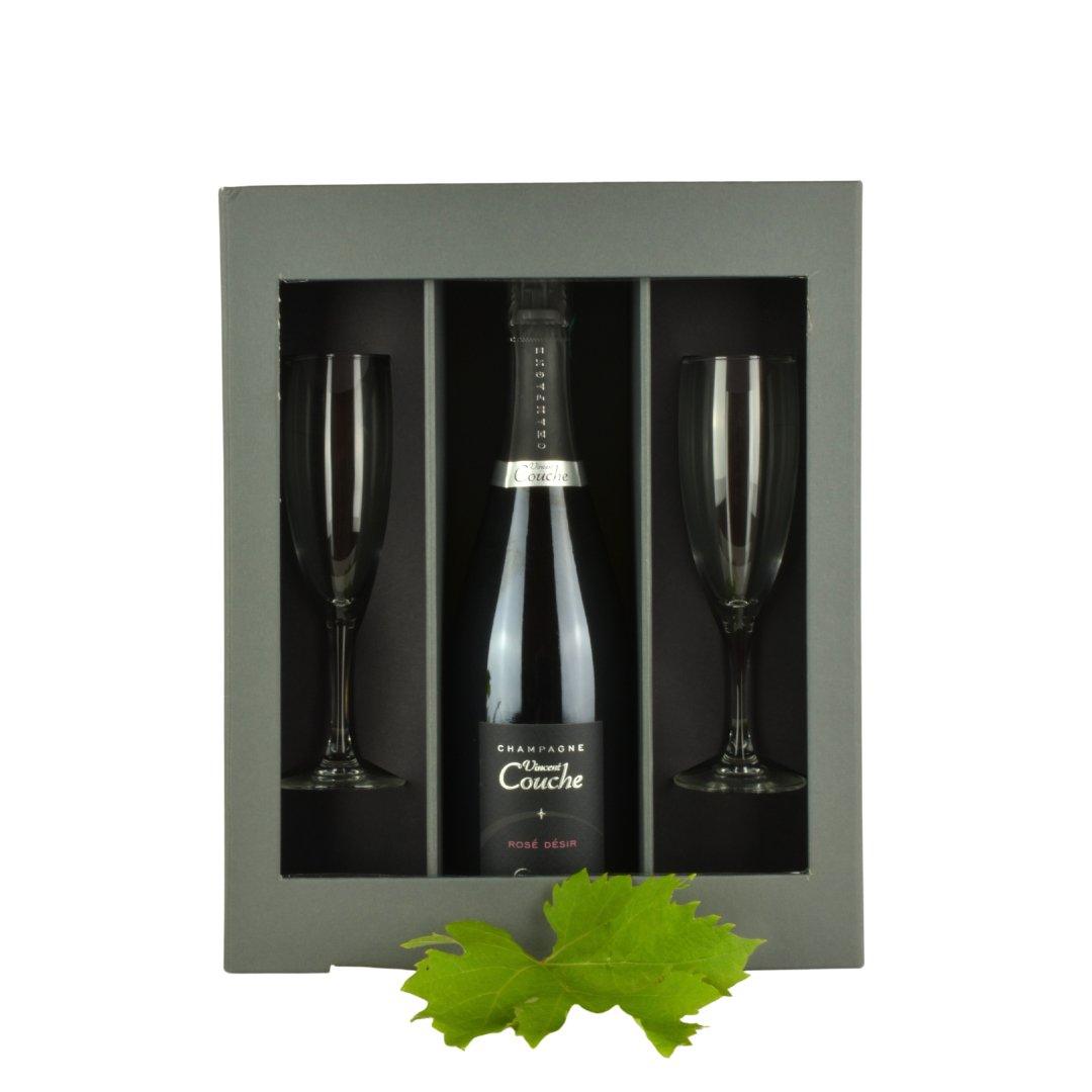 Organic & Vegan Champagne Vincent Couche Rosé Désir Gift Set two elegant flutes. - www.absoluteorganicwine.com