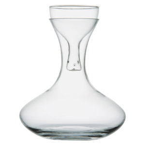 Glass wine decanter with slanted base and glass aerator funnel, holds a 75cl bottle of wine