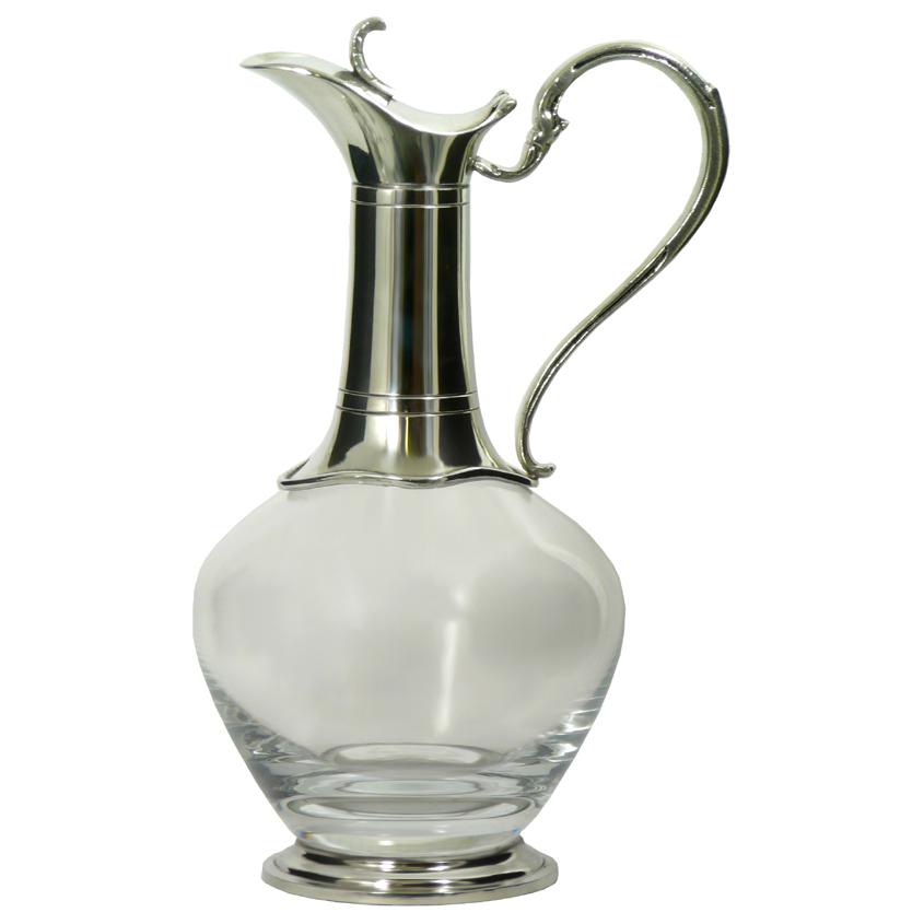 Glass claret jug decanter with polished pewter hinged lid, thumb hook and pewter base