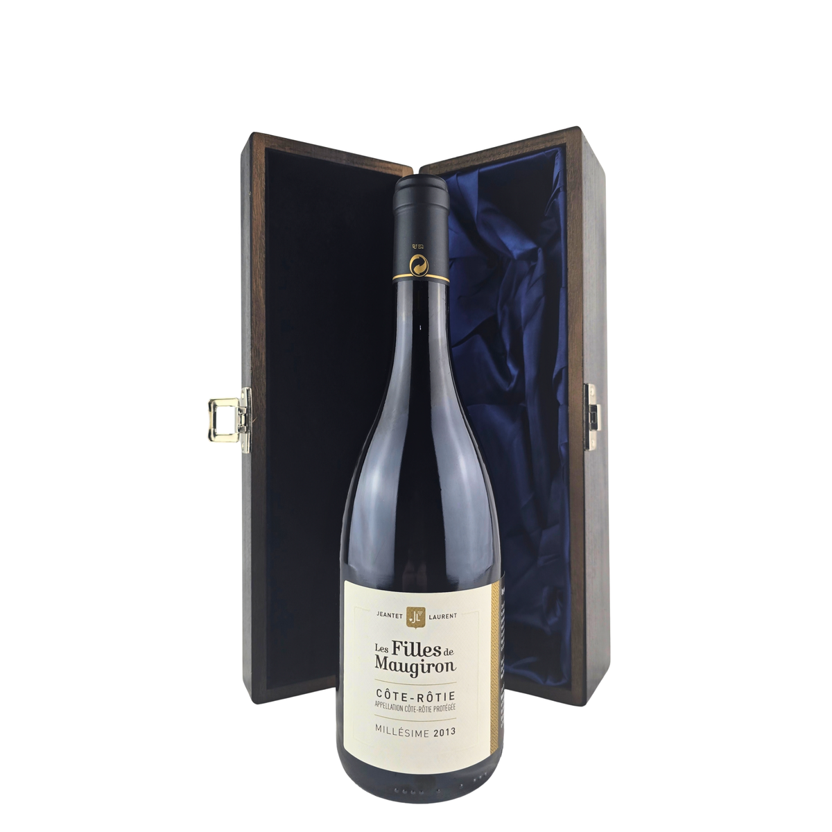 Les Filles Maugiron Côte-Rôtie 2013 organic vegan red wine in an elm wood gift box with black and blue silk lining
