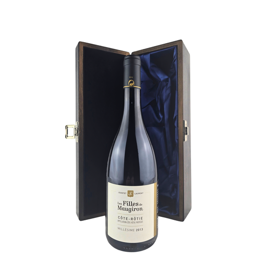 Les Filles Maugiron Côte-Rôtie 2013 organic vegan red wine in an elm wood gift box with black and blue silk lining