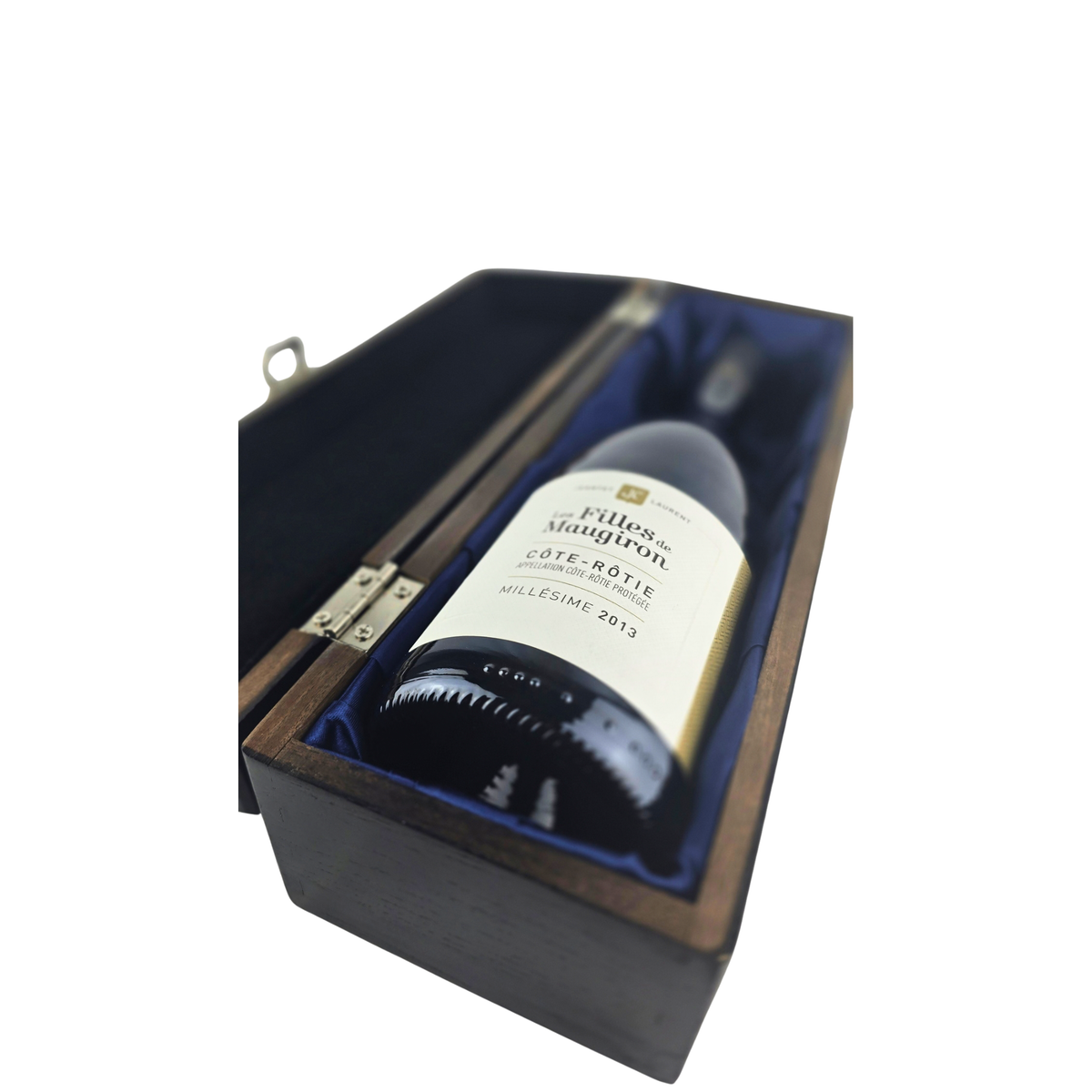 Les Filles Maugiron Côte-Rôtie 2013 organic vegan red wine in an elm wood gift box with black and blue silk lining 