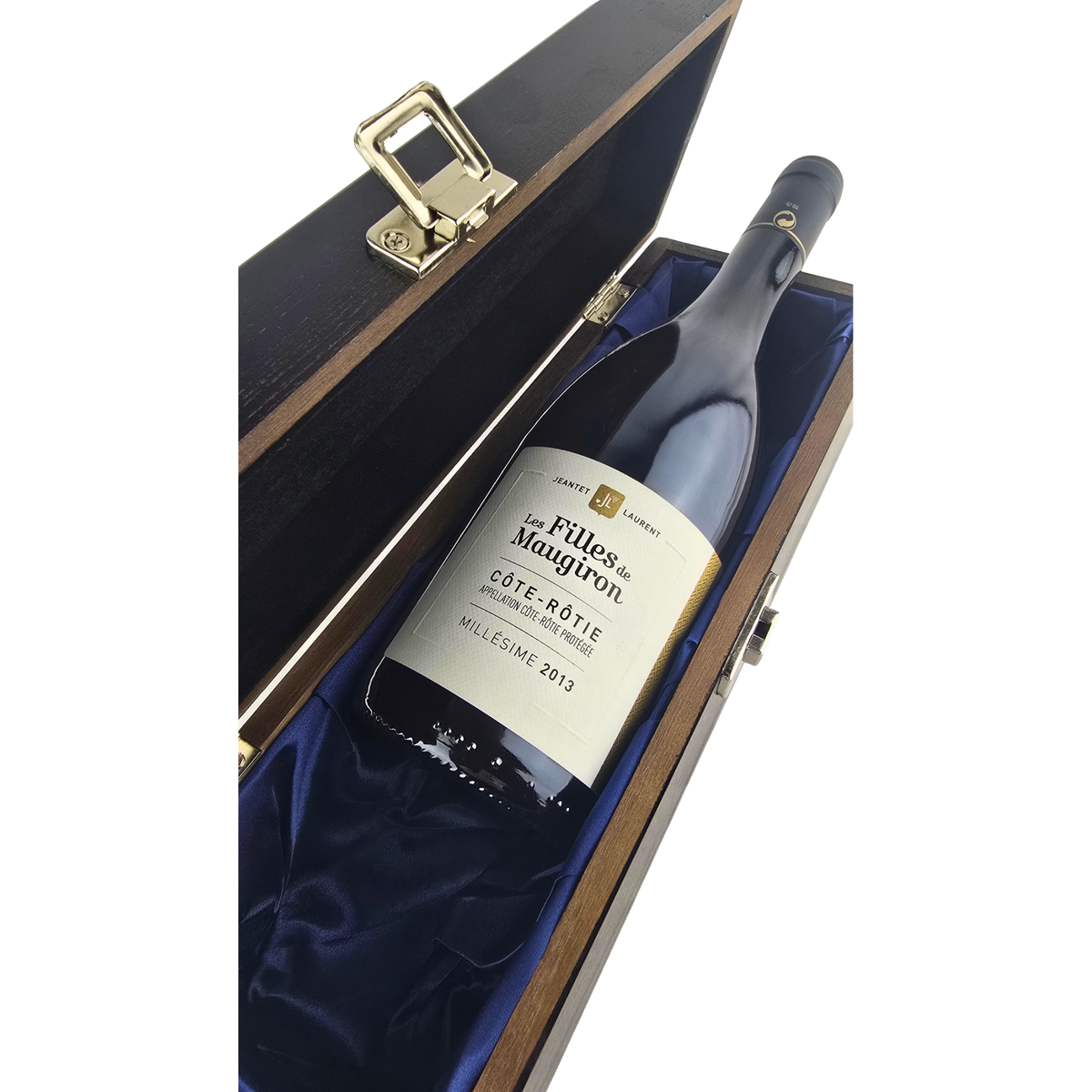  Les Filles Maugiron Côte-Rôtie 2013 organic vegan red wine in an elm wood gift box with black and blue silk lining