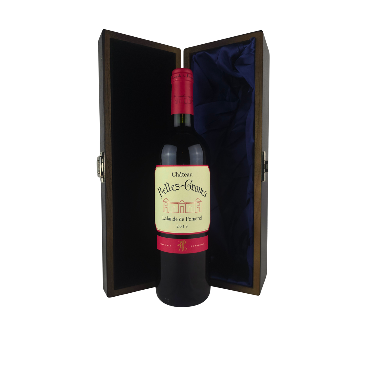 Château Belles-Graves 2019 Lalande-de-Pomerol bottle standing in front of its open elm wood gift box