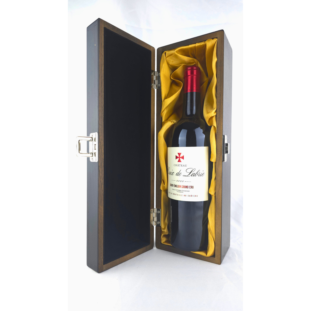 Château Croix de Labrie 2020 Grand Cru inside a solid elm wood gift box with gold satin lining