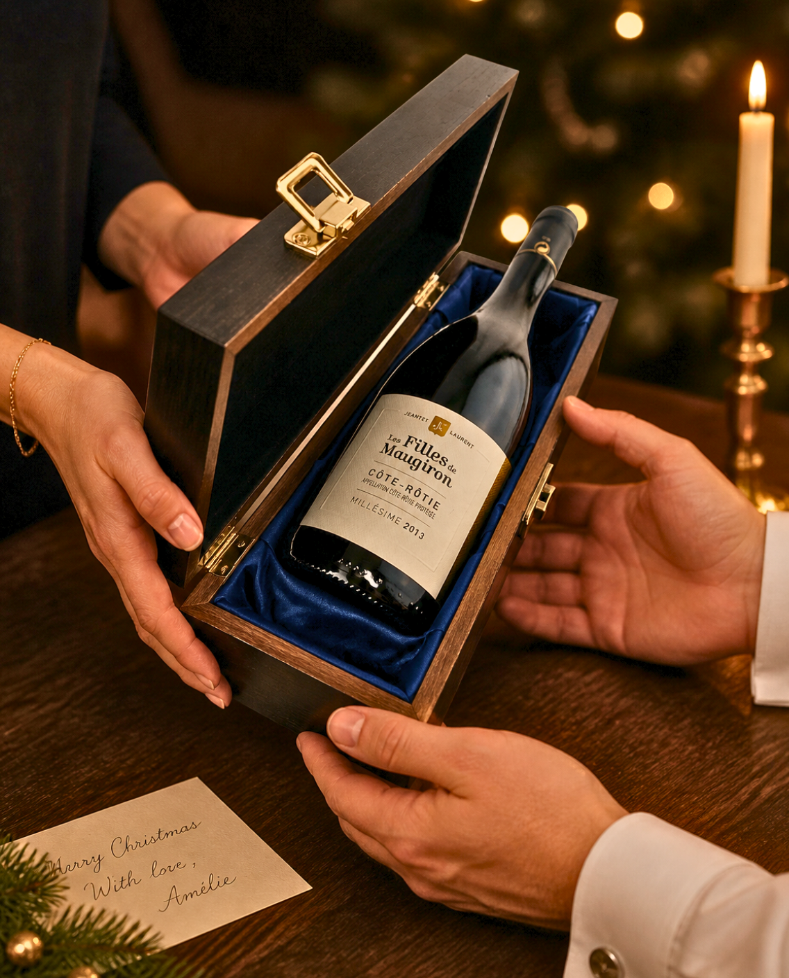 Hands passing Les Filles Maugiron 2013 Côte-Rôtie in its elm wood gift box with blue silk lining across a candlelit table at Christmas