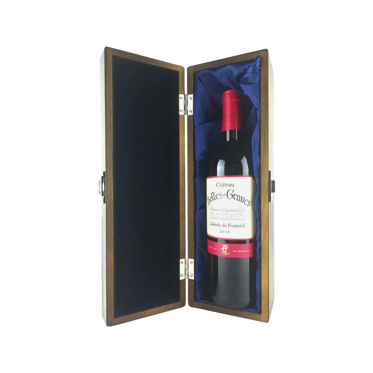 Château Belles-Graves 2019 Lalande-de-Pomerol in an elm wood gift box with blue silk lining
