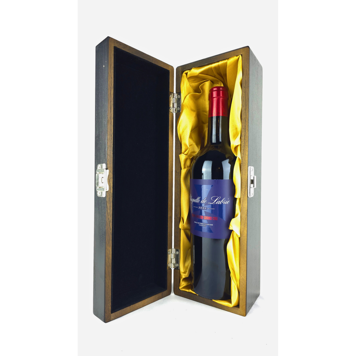 Chapelle de Labrie Saint-Émilion Grand Cru 2021 inside an open elm wood gift box with gold satin lining