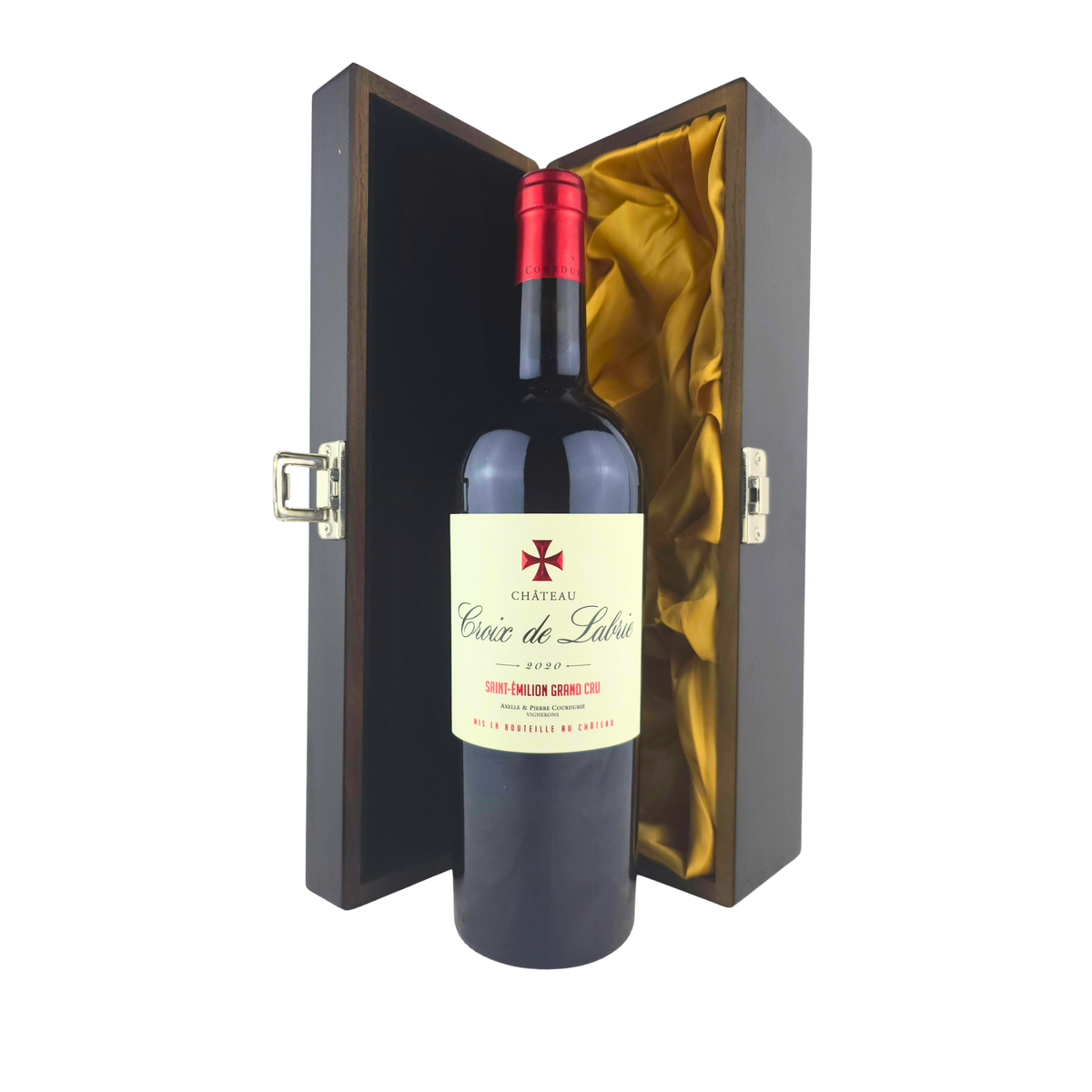 Château Croix de Labrie 2020 Saint-Émilion Grand Cru standing in front of its open elm wood gift box with gold lining