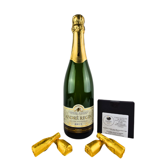 Crémant de Alsace Rosé Sparkling with Fancy bottles of solid Ecuador 6% Dark Chocolate with poping candy
