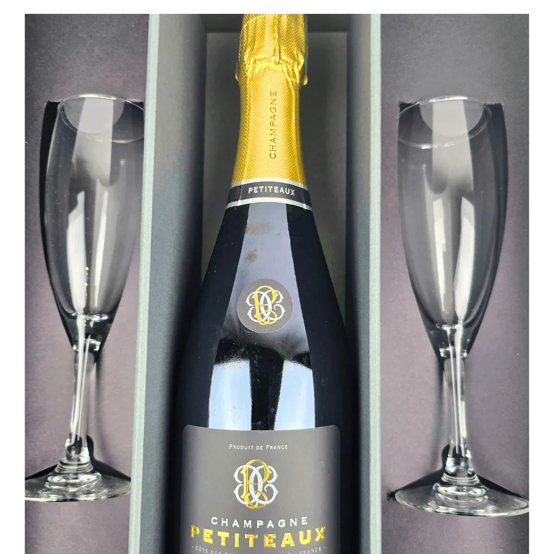 Champagne Petiteaux Extra Brut, with Two Classic Flutes. Champagne glasses - Absolute Organic Wine